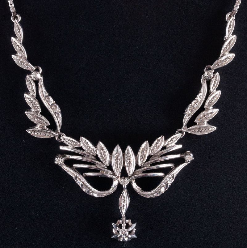 Vintage 1940's 18k White Gold H SI1 Diamond Floral Necklace .07ctw 10.7g