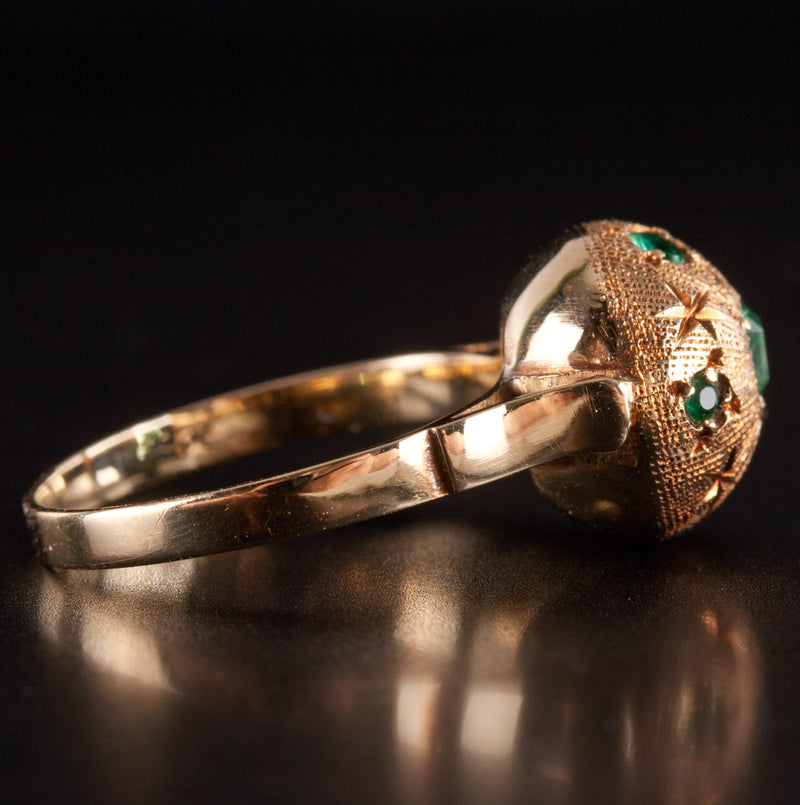 Vintage 1950s 14k Yellow Gold Princess Round Emerald Dome Style Ring .32ctw 3.2g