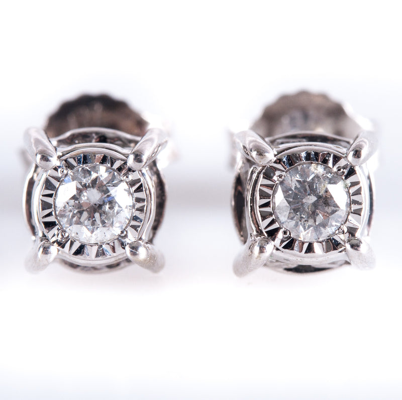 14k White Gold Round I I1 Diamond Solitaire Studs Earrings W/ Accents .36ctw