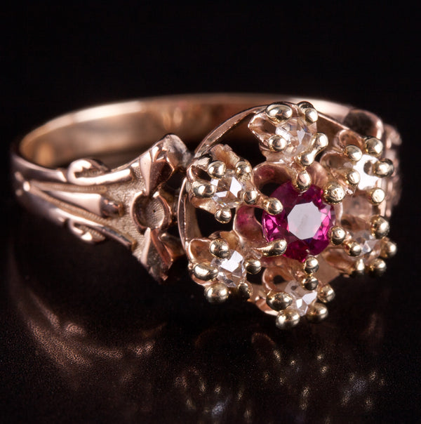 Vintage 1900s 10k Rose Yellow Gold Simulated Ruby & Natural Diamond Ring .105ctw