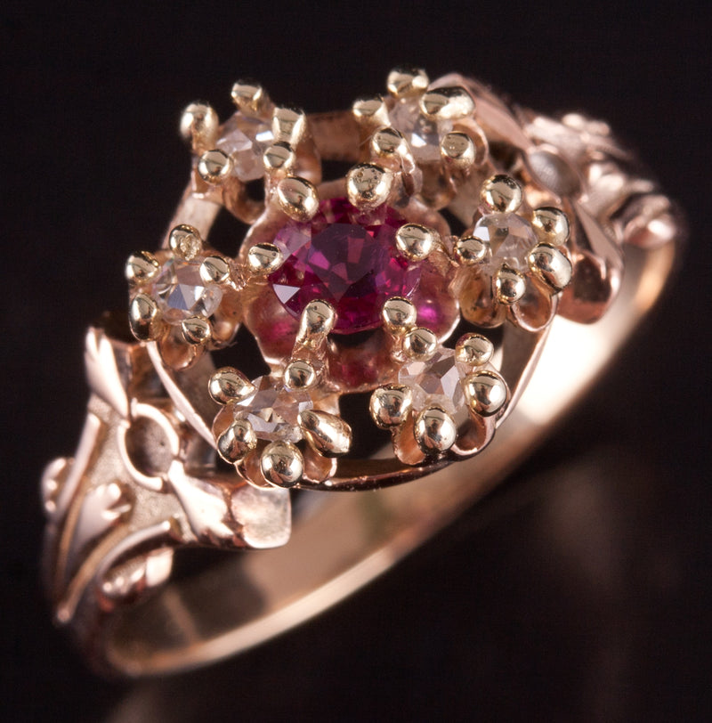 Vintage 1900s 10k Rose Yellow Gold Simulated Ruby & Natural Diamond Ring .105ctw