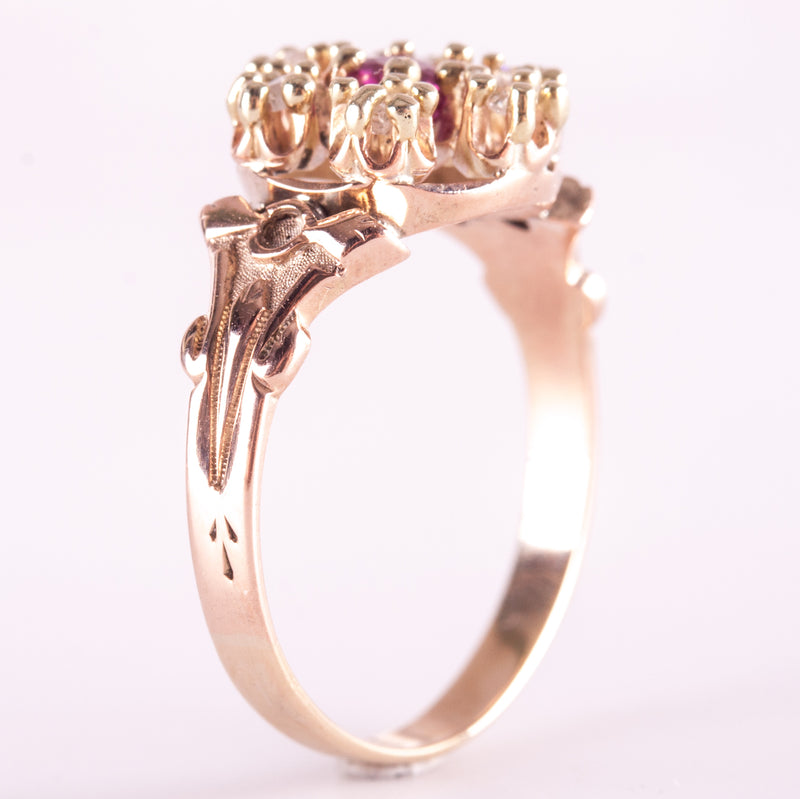 Vintage 1900s 10k Rose Yellow Gold Simulated Ruby & Natural Diamond Ring .105ctw