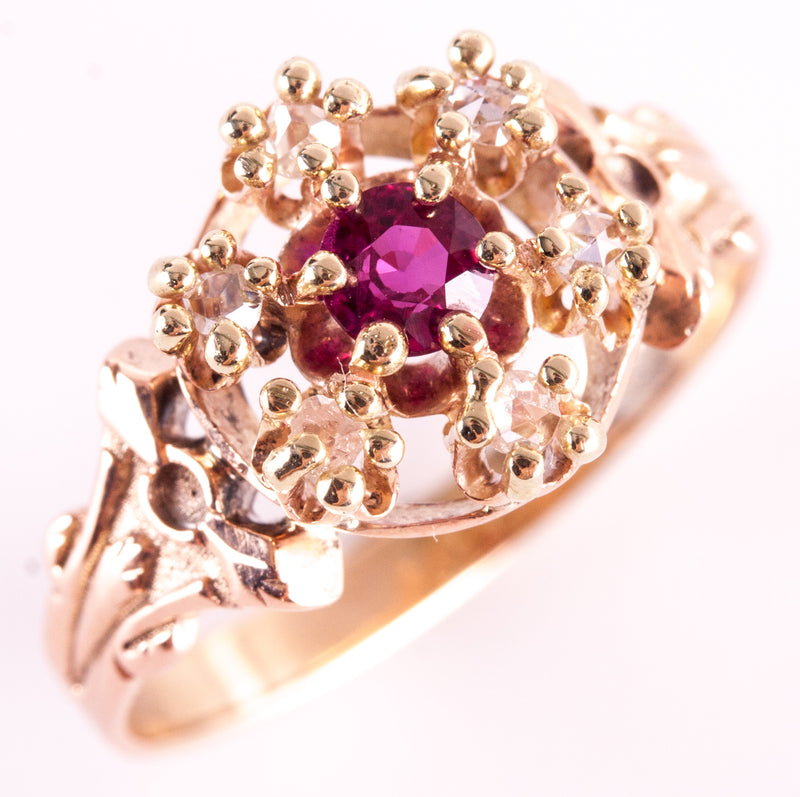 Vintage 1900s 10k Rose Yellow Gold Simulated Ruby & Natural Diamond Ring .105ctw