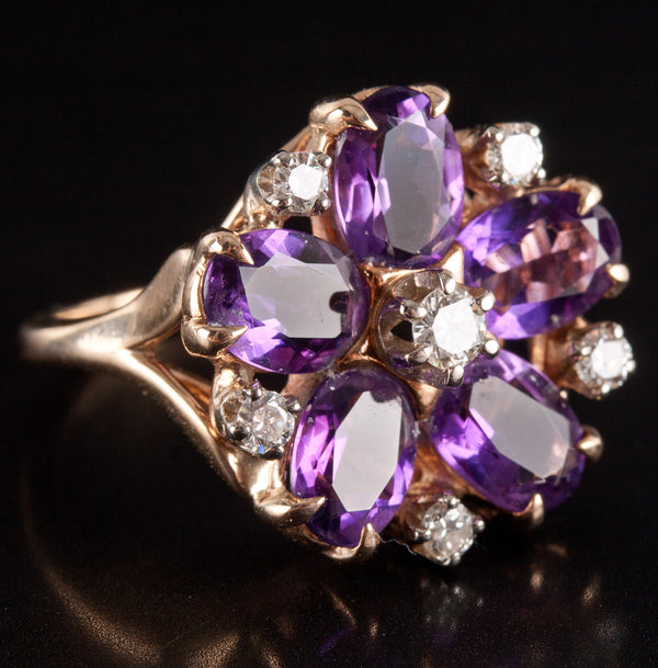 14k Yellow Gold Oval Amethyst Round Diamond Floral Cocktail Ring 2.79ctw 5.7g
