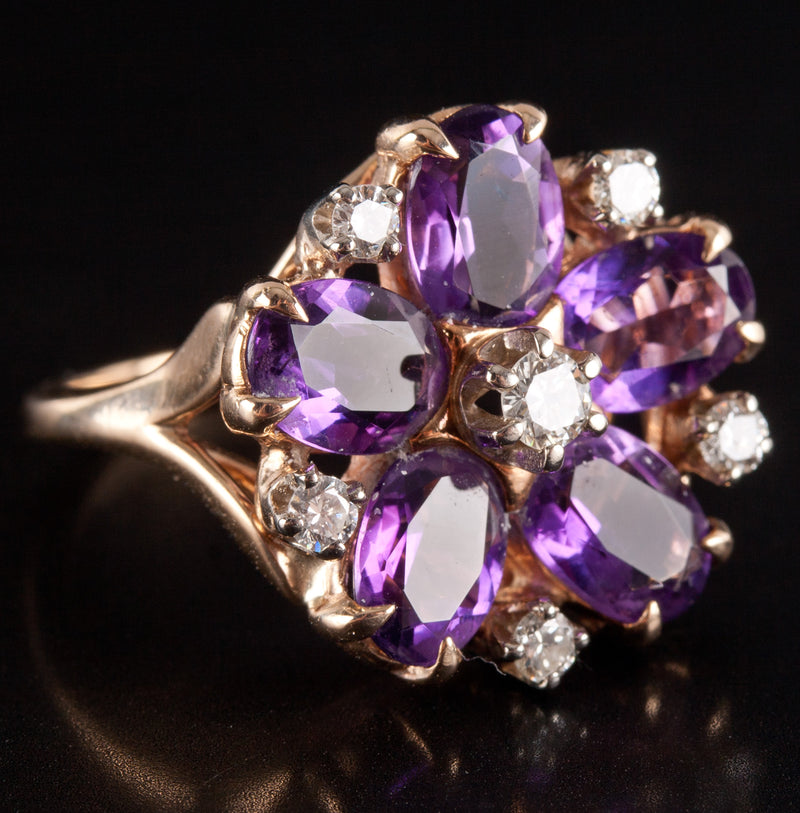 14k Yellow Gold Oval Amethyst Round Diamond Floral Cocktail Ring 2.79ctw 5.7g