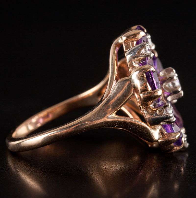 14k Yellow Gold Oval Amethyst Round Diamond Floral Cocktail Ring 2.79ctw 5.7g