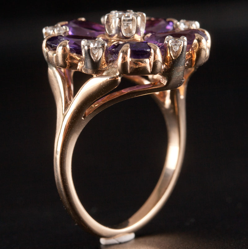 14k Yellow Gold Oval Amethyst Round Diamond Floral Cocktail Ring 2.79ctw 5.7g