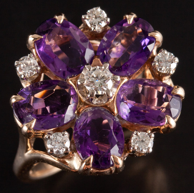 14k Yellow Gold Oval Amethyst Round Diamond Floral Cocktail Ring 2.79ctw 5.7g