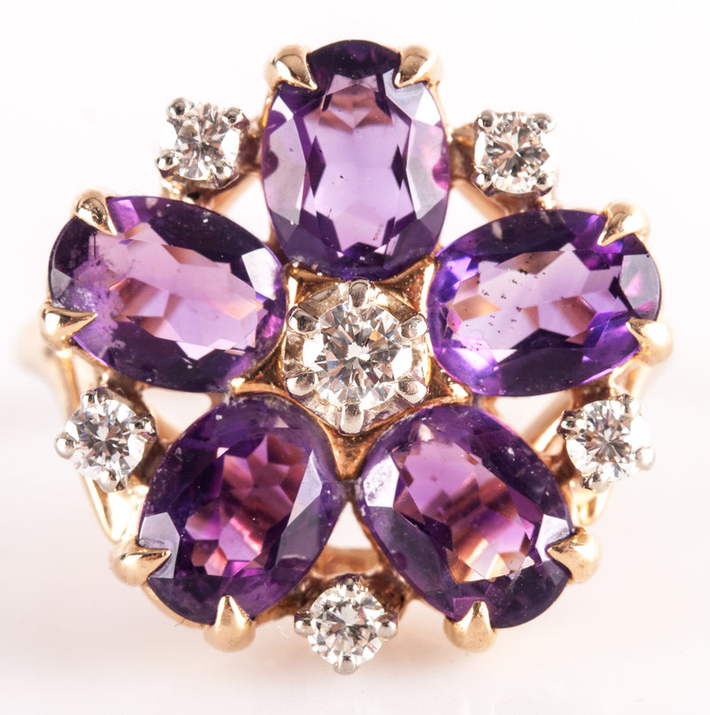 14k Yellow Gold Oval Amethyst Round Diamond Floral Cocktail Ring 2.79ctw 5.7g