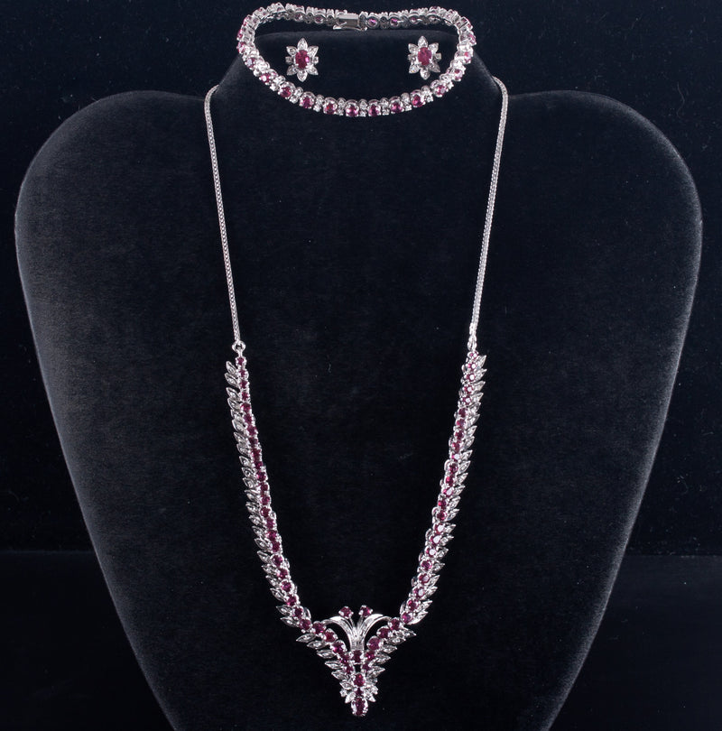 14k White Gold Ruby Diamond Necklace Earring Bracelet Set 5.525ctw 39.2g