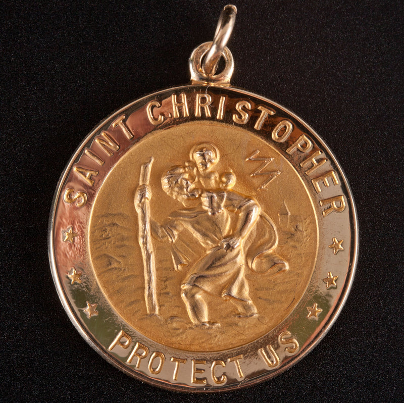 14k Yellow Gold Saint Christopher Protect Us Pendant 1.95g 24.8mm x 18.3mm