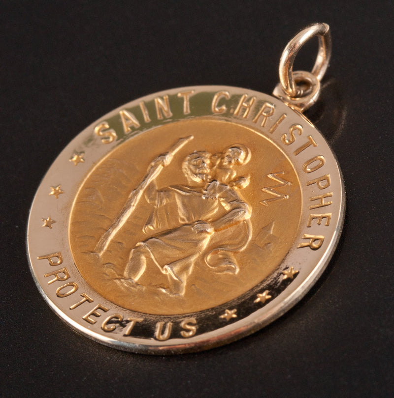 14k Yellow Gold Saint Christopher Protect Us Pendant 1.95g 24.8mm x 18.3mm