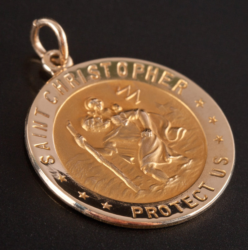 14k Yellow Gold Saint Christopher Protect Us Pendant 1.95g 24.8mm x 18.3mm