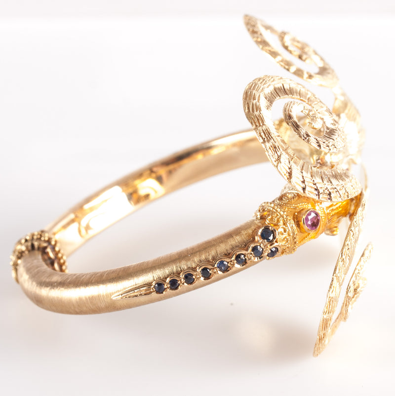 Ilias Lalaounis Vintage 18k Yellow Gold Ruby Sapphire Ram Cuff Bracelet 1.58ctw
