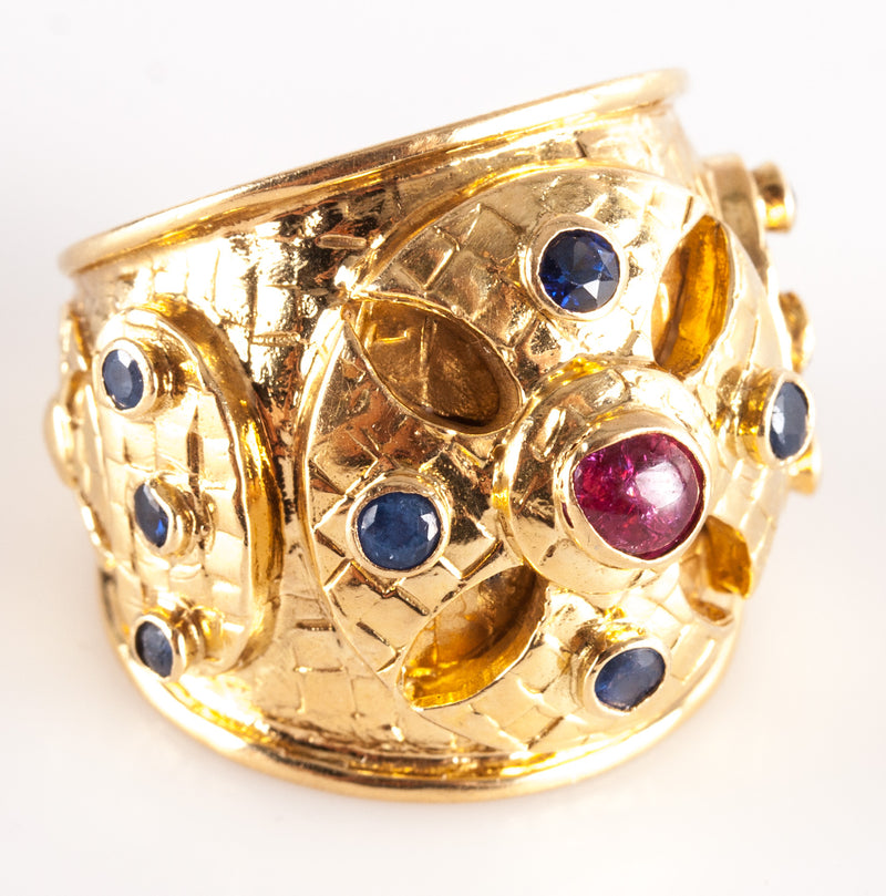 Ilias Lalaounis 18k Yellow Gold Ruby Sapphire Byzantine Cross Ring .94ctw 14.88g