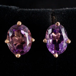 9k Yellow Gold Oval Amethyst Solitaire Stud Earrings W/ Butterfly Backs 2.32ctw