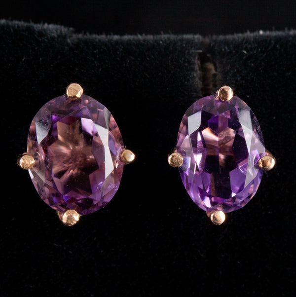 9k Yellow Gold Oval Amethyst Solitaire Stud Earrings W/ Butterfly Backs 2.32ctw
