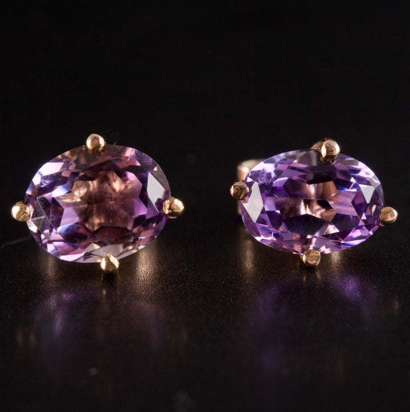 9k Yellow Gold Oval Amethyst Solitaire Stud Earrings W/ Butterfly Backs 2.32ctw