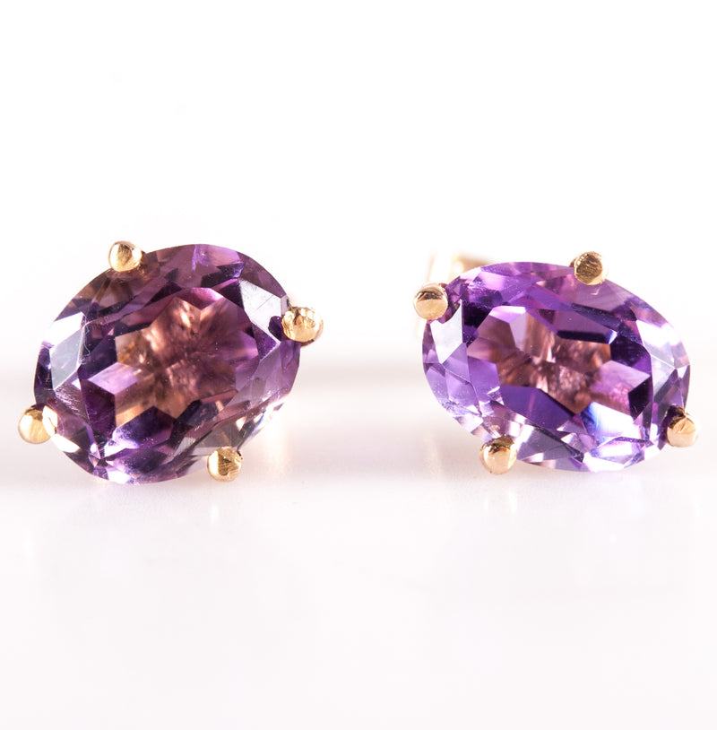 9k Yellow Gold Oval Amethyst Solitaire Stud Earrings W/ Butterfly Backs 2.32ctw