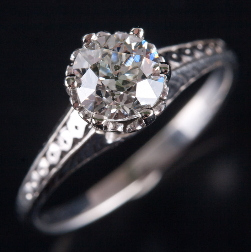 14k White Gold H I1 Old Euro Diamond Solitaire Engagement Ring .80ct 2.75g