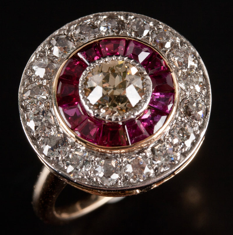 Vintage 1940's 14k Yellow White Gold Diamond Ruby Halo Style Ring 1.96ctw 4.65g
