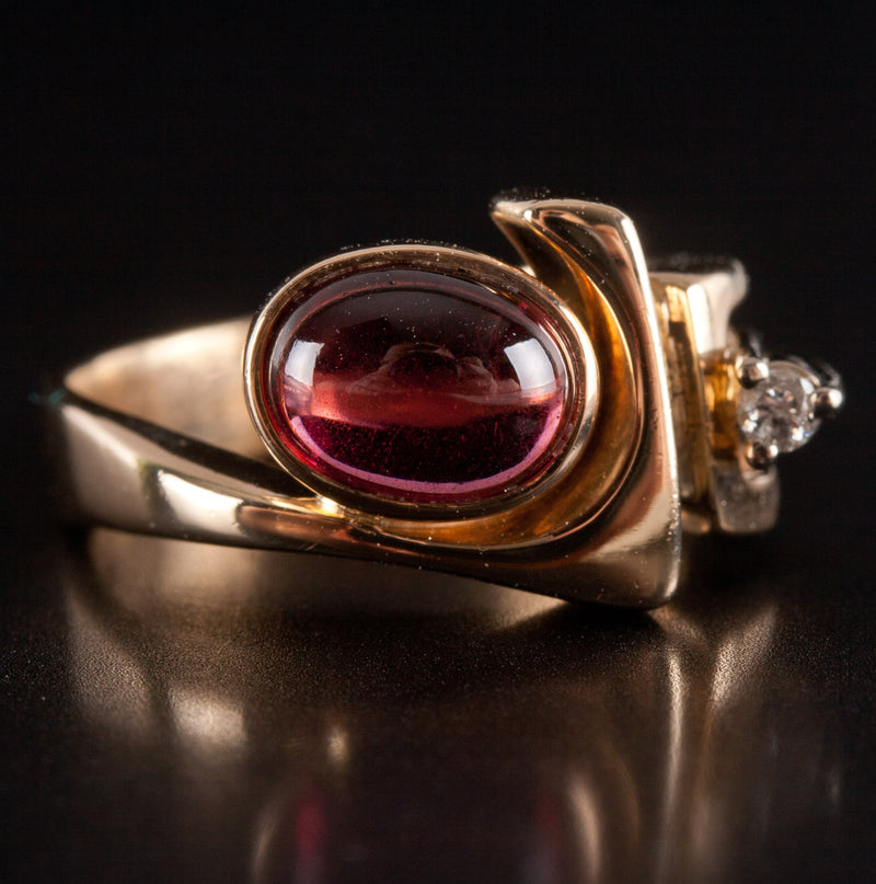 14k Yellow White Gold Oval Cabochon Garnet Round Diamond Ring 1.98ctw 5.48g