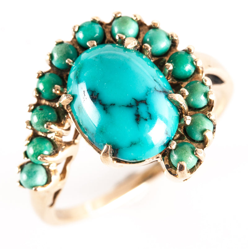 Vintage 1940's 10k Yellow Gold Cabochon Turquoise Cocktail Ring 3.4g