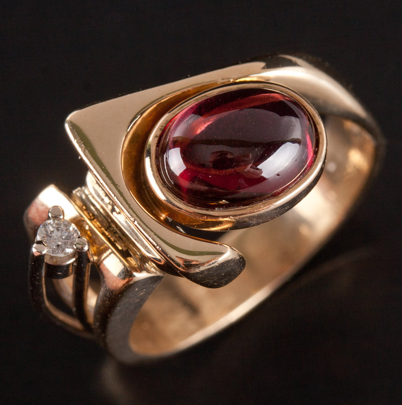 14k Yellow White Gold Oval Cabochon Garnet Round Diamond Ring 1.98ctw 5.48g