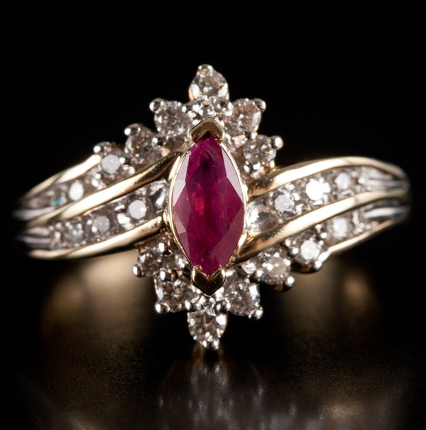 10k Yellow Gold Marquise Ruby Round Diamond Cocktail Style Ring .59ctw 3.5g