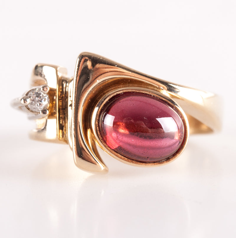 14k Yellow White Gold Oval Cabochon Garnet Round Diamond Ring 1.98ctw 5.48g