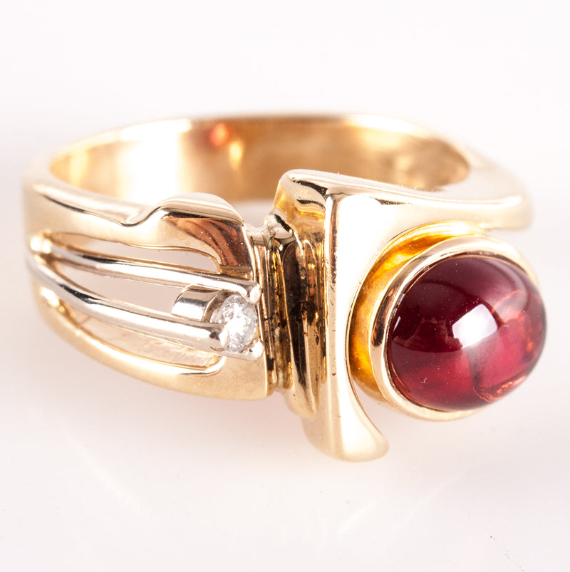 14k Yellow White Gold Oval Cabochon Garnet Round Diamond Ring 1.98ctw 5.48g