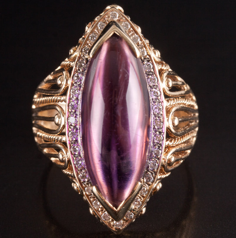 14k Yellow White Gold Marquise Cabochon Amethyst Diamond Cocktail Ring 3.86ctw
