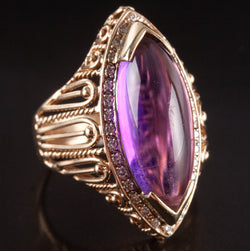 14k Yellow White Gold Marquise Cabochon Amethyst Diamond Cocktail Ring 3.86ctw