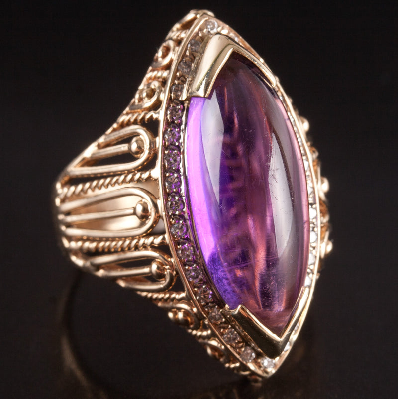14k Yellow White Gold Marquise Cabochon Amethyst Diamond Cocktail Ring 3.86ctw