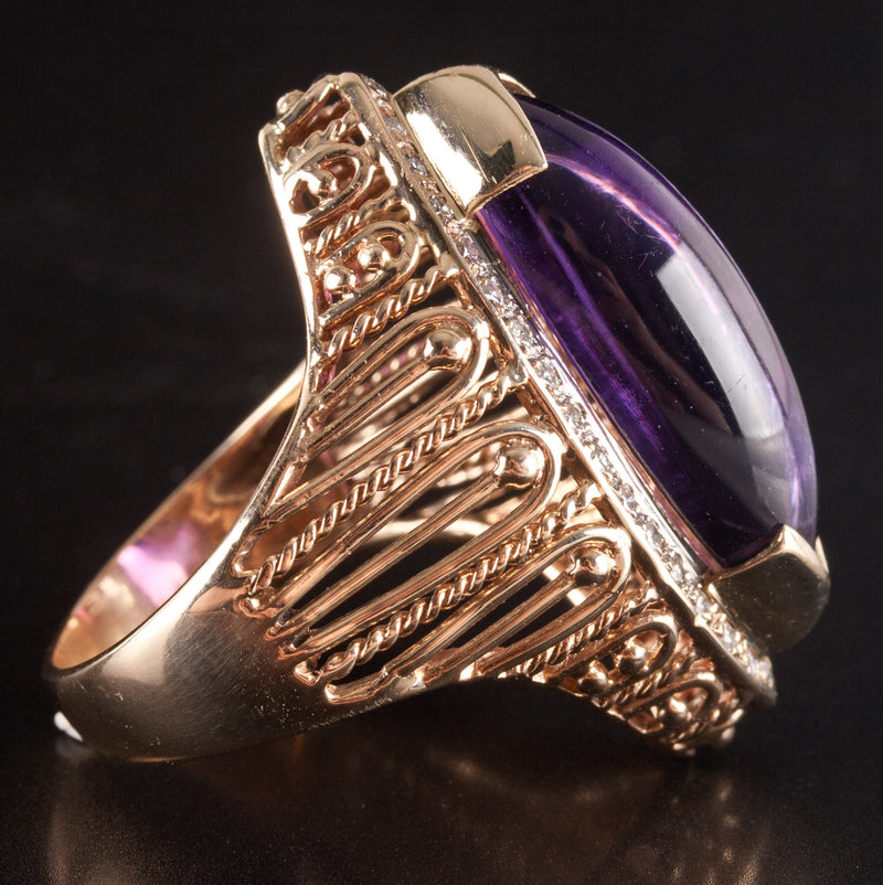 14k Yellow White Gold Marquise Cabochon Amethyst Diamond Cocktail Ring 3.86ctw