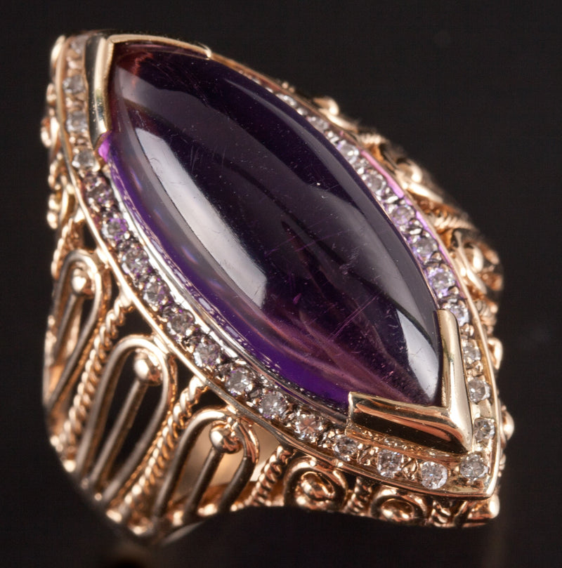 14k Yellow White Gold Marquise Cabochon Amethyst Diamond Cocktail Ring 3.86ctw