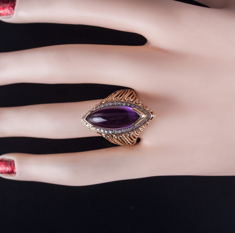 14k Yellow White Gold Marquise Cabochon Amethyst Diamond Cocktail Ring 3.86ctw