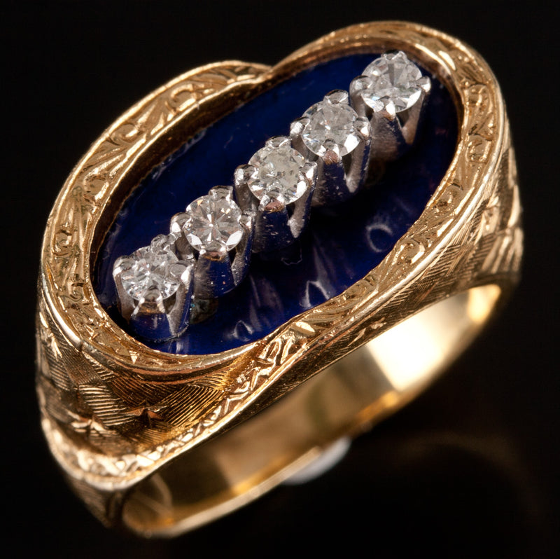 18k Yellow White Gold Round Diamond & Blue Enamel Cocktail Ring .16ctw 9.8g