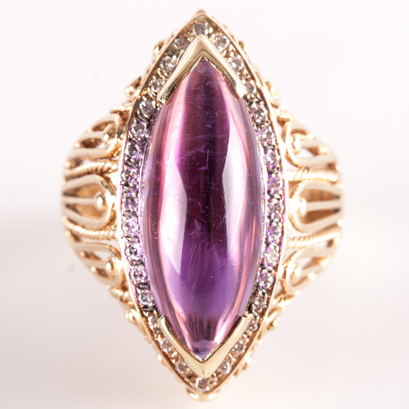 14k Yellow White Gold Marquise Cabochon Amethyst Diamond Cocktail Ring 3.86ctw