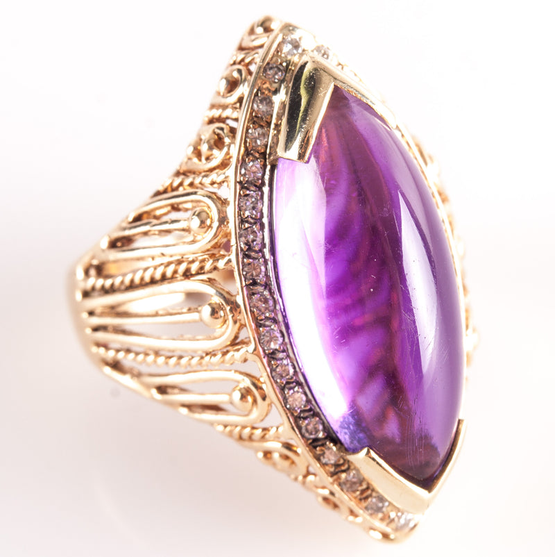 14k Yellow White Gold Marquise Cabochon Amethyst Diamond Cocktail Ring 3.86ctw