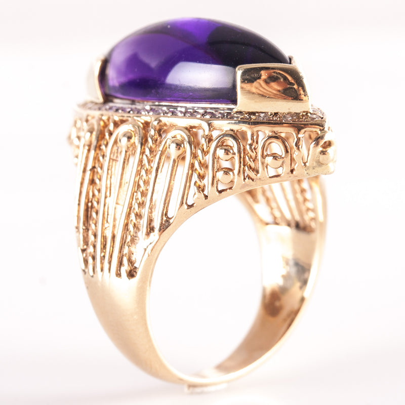 14k Yellow White Gold Marquise Cabochon Amethyst Diamond Cocktail Ring 3.86ctw