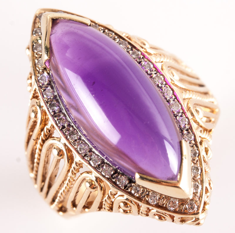 14k Yellow White Gold Marquise Cabochon Amethyst Diamond Cocktail Ring 3.86ctw