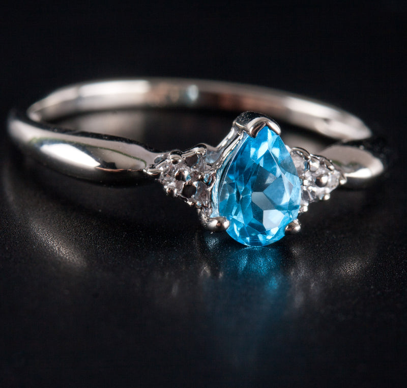 10k White Gold Pear AA Swiss Blue Topaz Round Diamond Ring .505ctw 1.10g