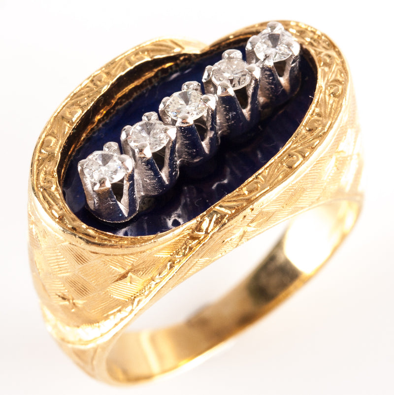 18k Yellow White Gold Round Diamond & Blue Enamel Cocktail Ring .16ctw 9.8g