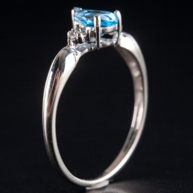 10k White Gold Pear AA Swiss Blue Topaz Round Diamond Ring .505ctw 1.10g