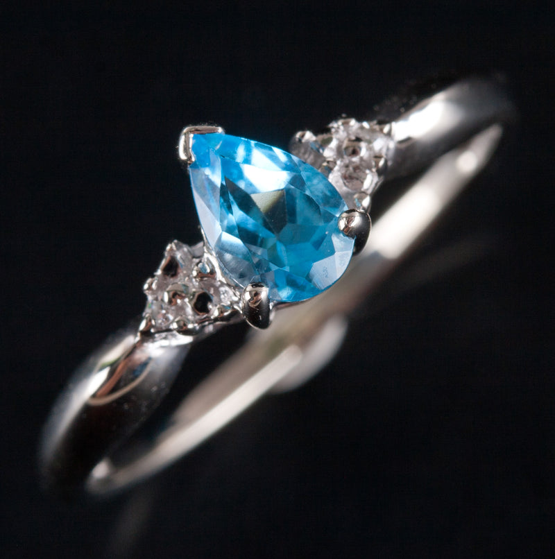 10k White Gold Pear AA Swiss Blue Topaz Round Diamond Ring .505ctw 1.10g