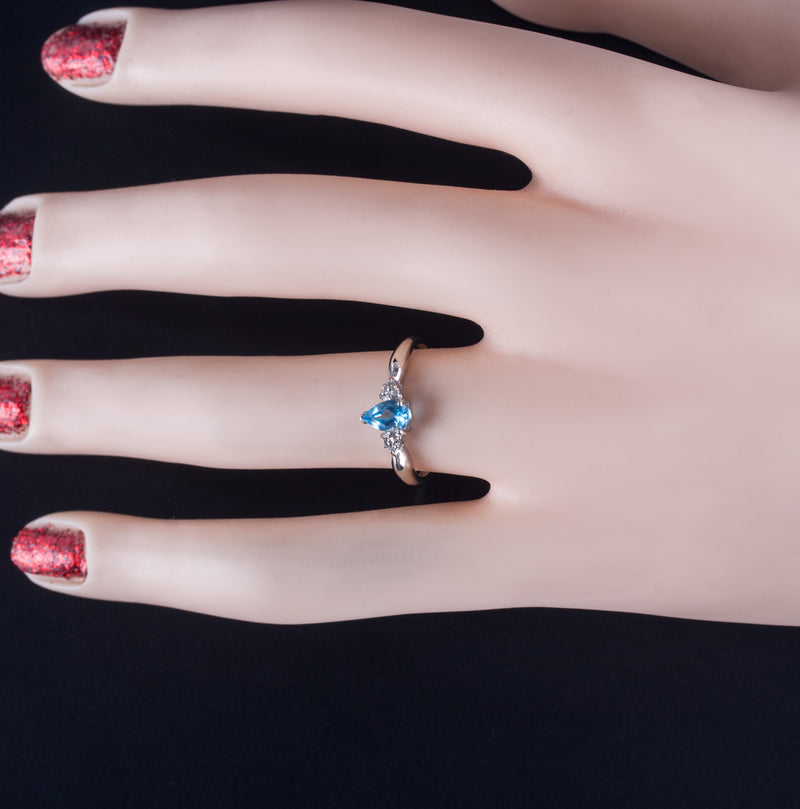 10k White Gold Pear AA Swiss Blue Topaz Round Diamond Ring .505ctw 1.10g