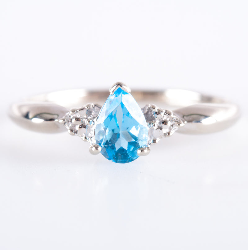 10k White Gold Pear AA Swiss Blue Topaz Round Diamond Ring .505ctw 1.10g