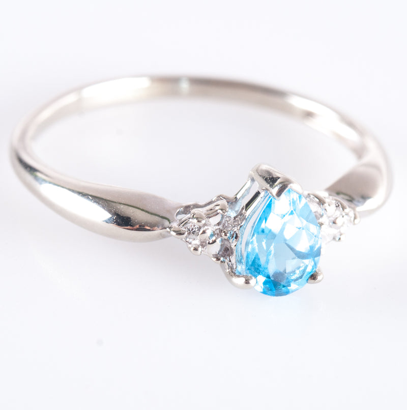 10k White Gold Pear AA Swiss Blue Topaz Round Diamond Ring .505ctw 1.10g