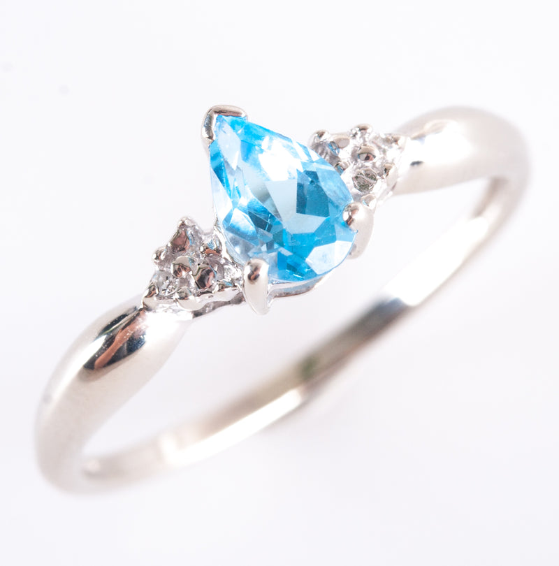 10k White Gold Pear AA Swiss Blue Topaz Round Diamond Ring .505ctw 1.10g